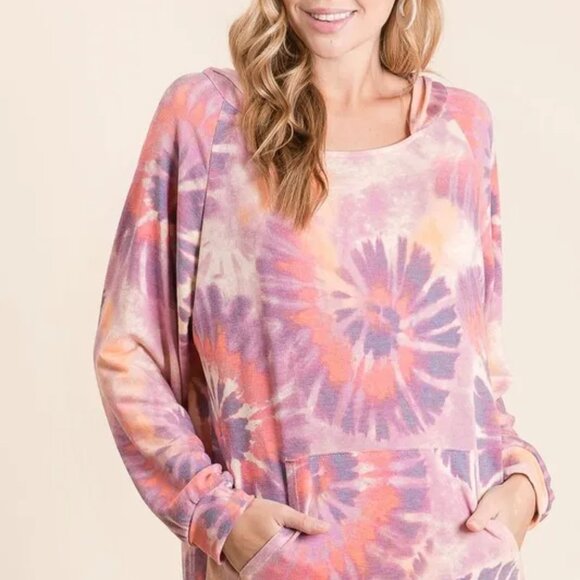BiBi Tops - BiBi Circular Tie Dye Print Terry Hoodie with Kangaroo